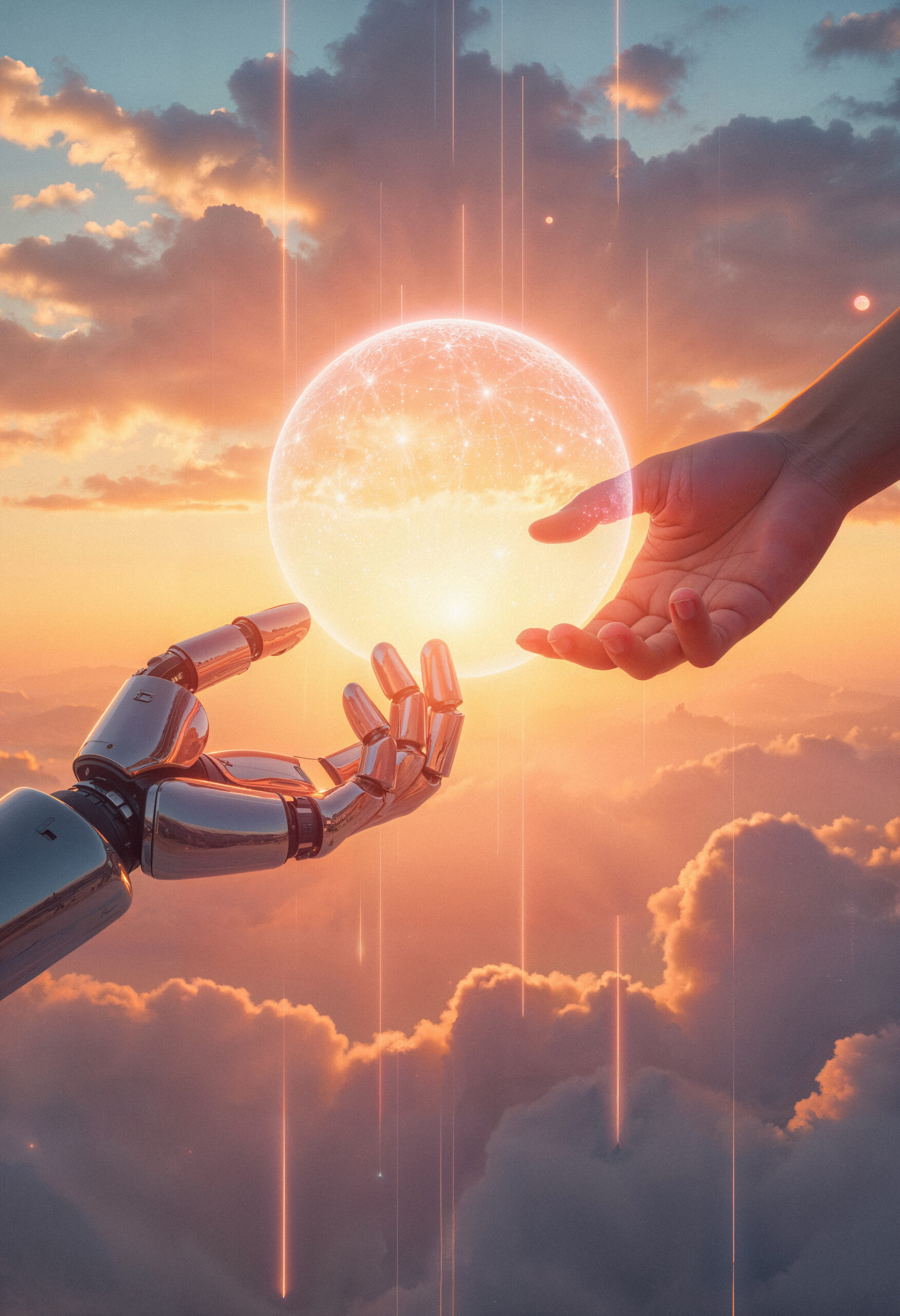 robot-human-hand-reaching-glowing-sphere-sky
