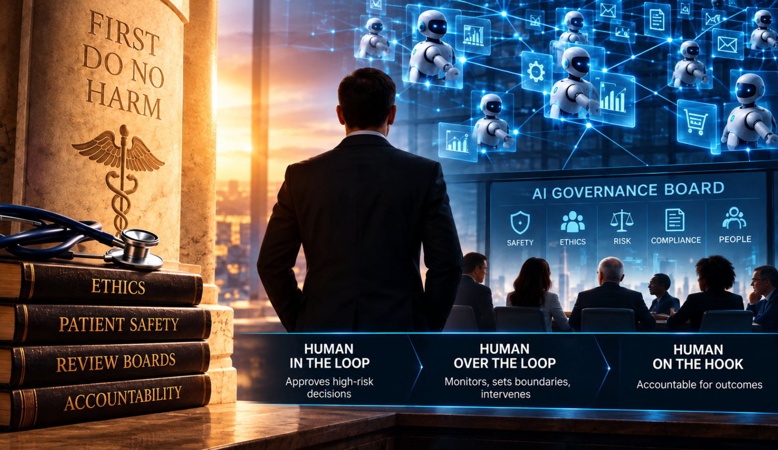 AI governance and accountability illustrating medical ethics, human oversight, and responsible AI agents